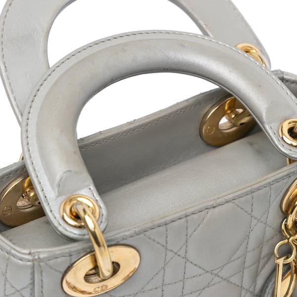 Pre-owned Dior Mini Metallic Lambskin Cannage Lady Dior Gray