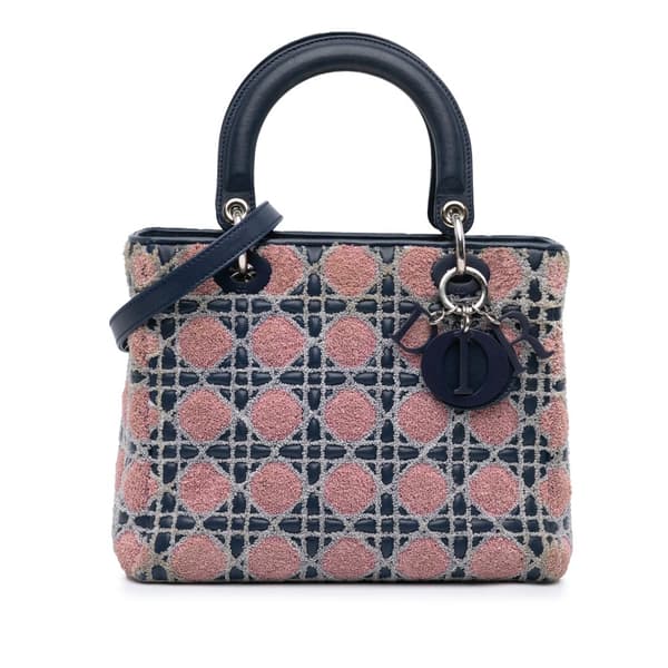 Pre-owned Dior Medium Lambskin And Tweed Cannage Lady Dior Blue