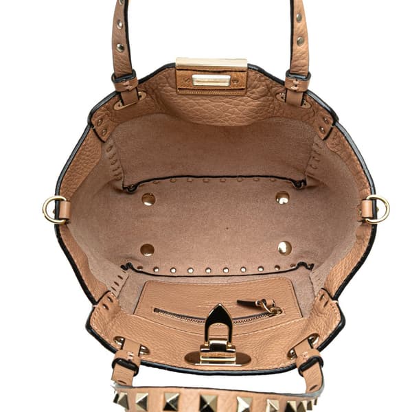 Pre-owned Valentino Mini Grainy Calfskin Rockstud Satchel Brown