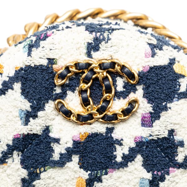 Pre-owned Chanel Tweed 19 Round Clutch with Chain White