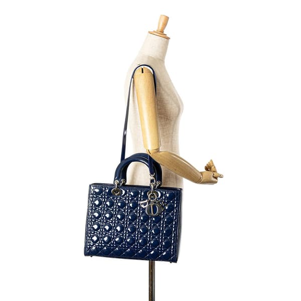 Pre-owned Dior Large Patent Cannage Lady Dior Blue