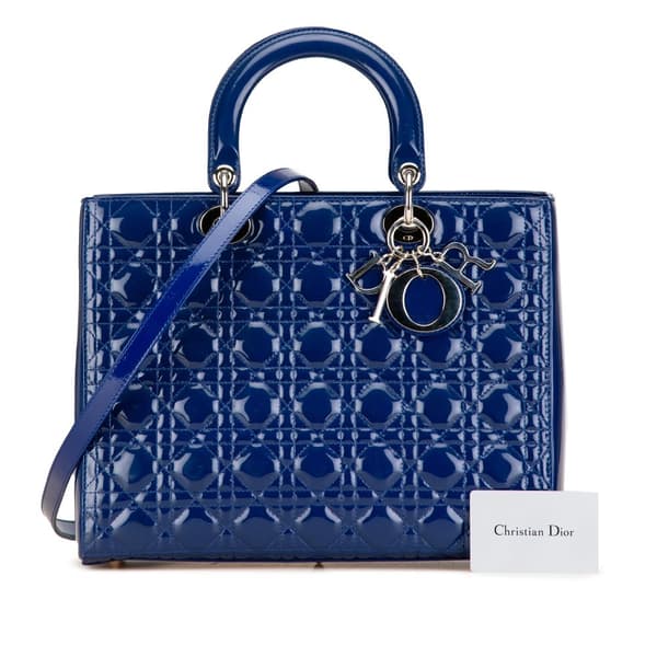 Pre-owned Dior Large Patent Cannage Lady Dior Blue