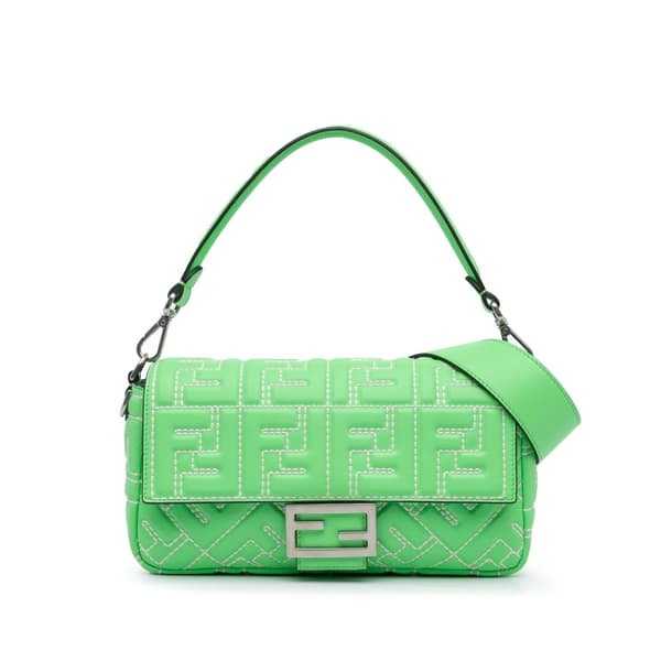 Pre-owned Fendi Zucca Embossed Stitched Leather Baguette Satchel Green