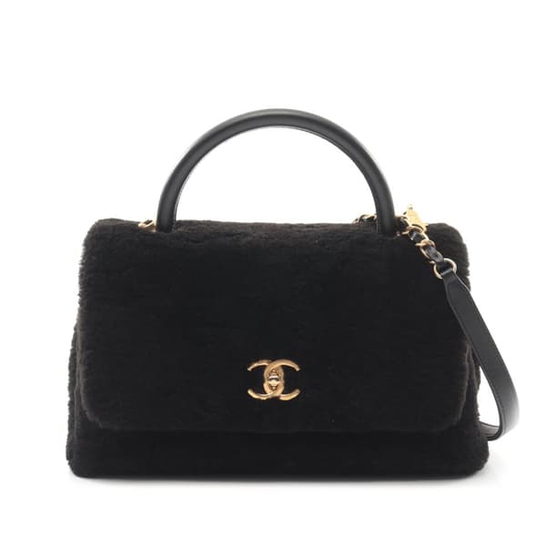 Pre-owned Chanel Medium Shearling Coco Top Handle Bag Black