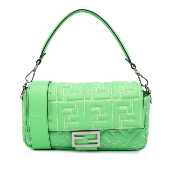 Pre-owned Fendi Zucca Embossed Stitched Leather Baguette Satchel Green