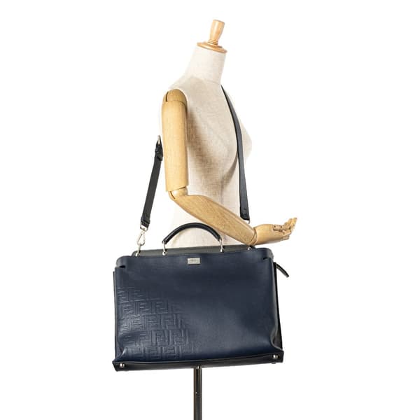 Pre-owned Fendi Large Zucca Embossed Leather Peekaboo Iconic Essential Satchel Blue
