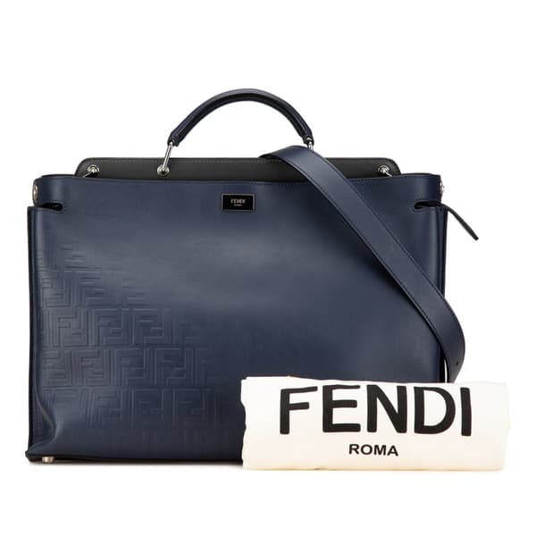 Pre-owned Fendi Large Zucca Embossed Leather Peekaboo Iconic Essential Satchel Blue