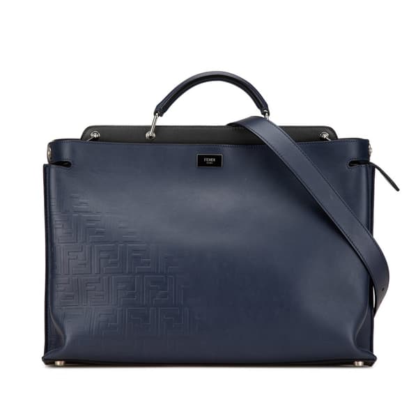 Pre-owned Fendi Large Zucca Embossed Leather Peekaboo Iconic Essential Satchel Blue