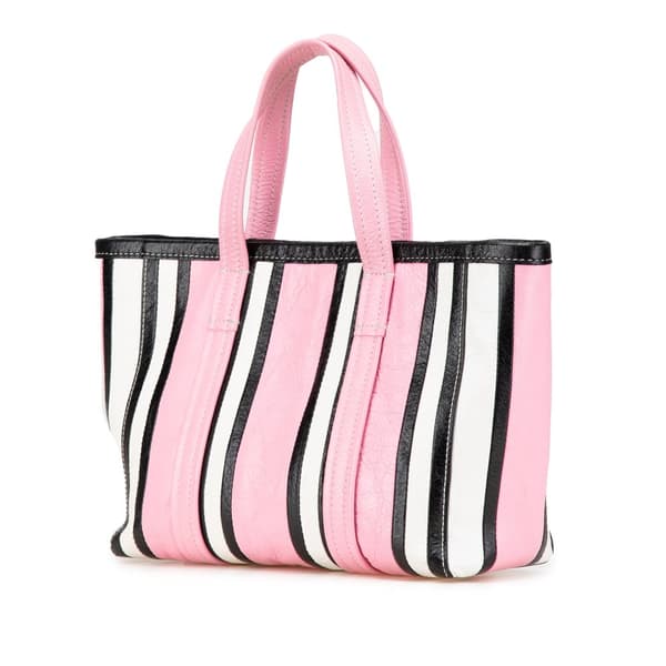 Pre-owned Balenciaga Small Lambskin Barbes East West Striped Shopper Tote Pink