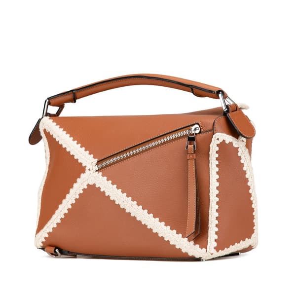 Pre-owned LOEWE Medium Calfskin Crochet Trim Puzzle Satchel Brown
