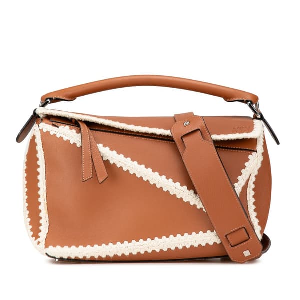 Pre-owned LOEWE Medium Calfskin Crochet Trim Puzzle Satchel Brown