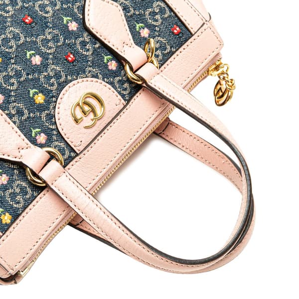 Pre-owned Gucci Small GG Denim Embroidery Ophidia Satchel Blue