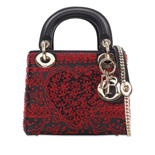 Pre-owned Dior Mini Smooth Calfskin Embroidered Heart Playing Cards Lady Dior Black