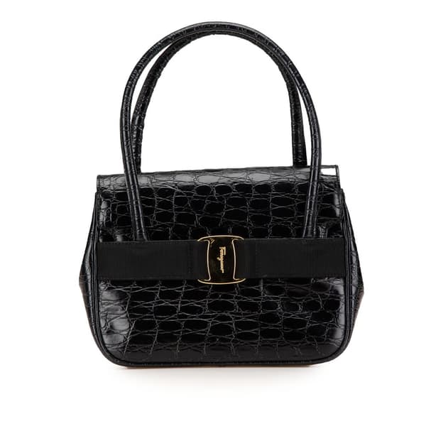 Pre-owned Ferragamo Croc Embossed Vara Handbag Black