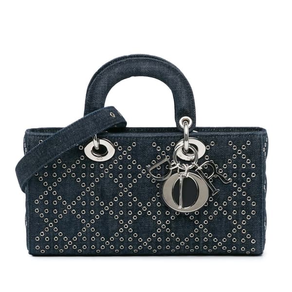 Pre-owned Dior Medium Denim Cannage Eyelet Lady D Joy Blue