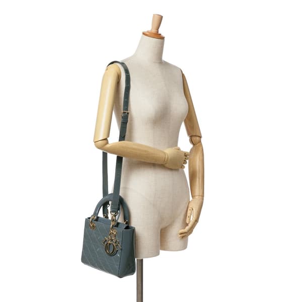Pre-owned Dior Small Patent Cannage Lady Dior Blue