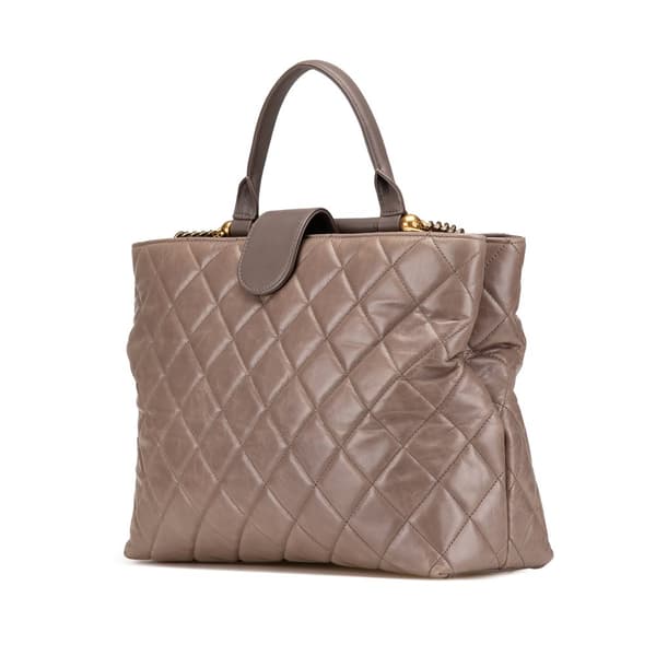 Pre-owned Chanel Quilted Glazed Calfskin Gold Bar Tote Brown