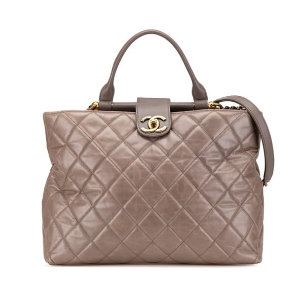 Pre-owned Chanel Quilted Glazed Calfskin Gold Bar Tote Brown