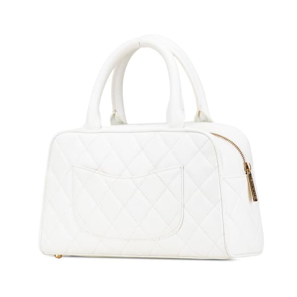 Pre-owned Chanel CC Quilted Caviar Bowling Bag White