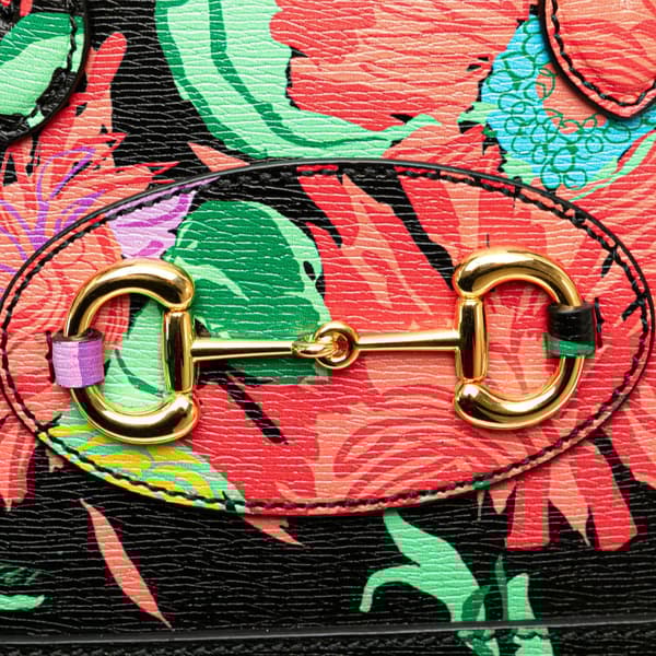 Pre-owned Gucci Ken Scoot New Shangai Mini Calfskin Jenny Floral Print Horsebit 1955 Top Handle Bag Black