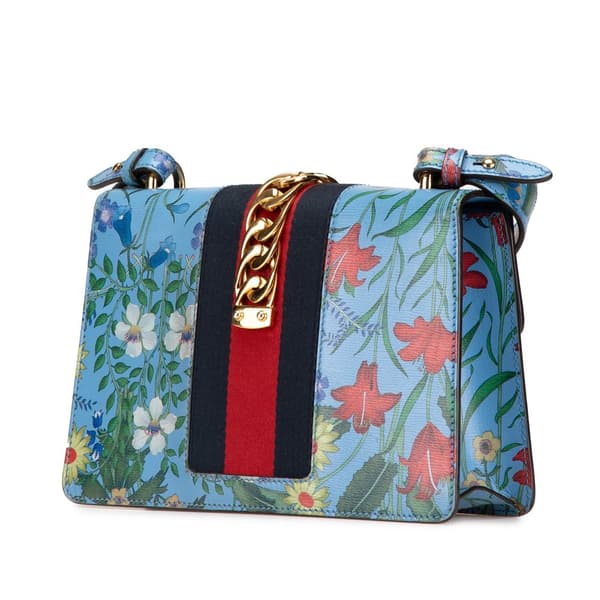 Pre-owned Gucci Small Leather Flora Sylvie Satchel Blue