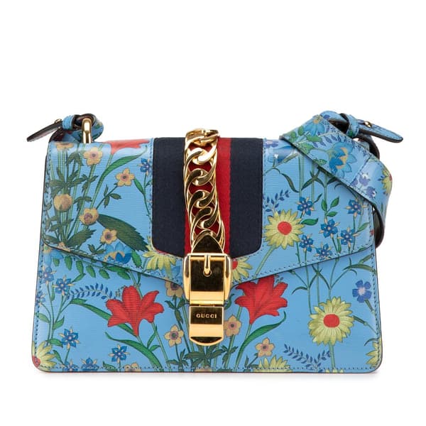 Pre-owned Gucci Small Leather Flora Sylvie Satchel Blue