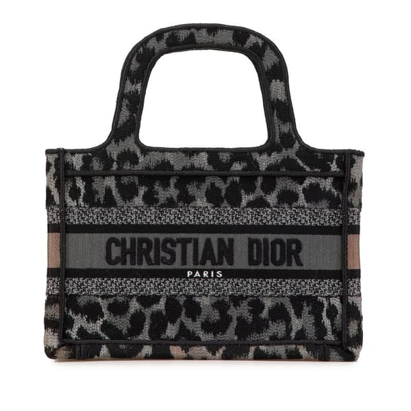 Pre-owned Dior Mizza Mini Embroidered Canvas Leopard Book Tote Gray