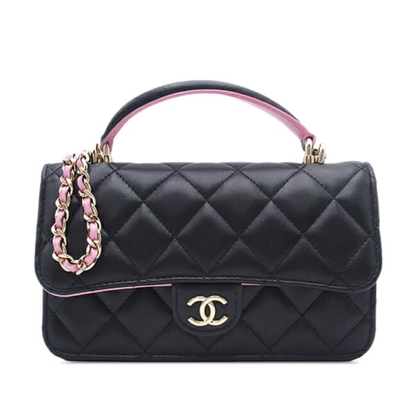Pre-owned Chanel Bicolor Quilted Lambskin Top Handle Phone Holder with Chain Black