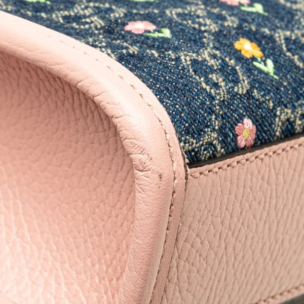 Pre-owned Gucci Mini GG Denim Interlocking G Flowers Tote Brown