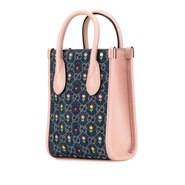 Pre-owned Gucci Mini GG Denim Interlocking G Flowers Tote Brown