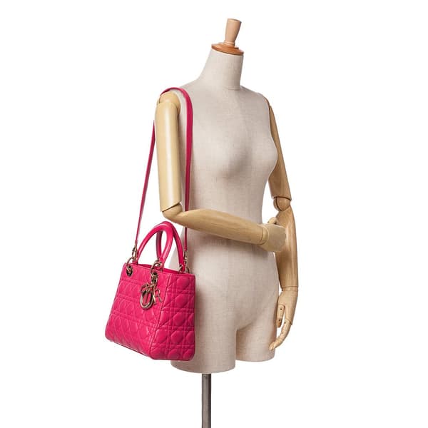 Pre-owned Dior Medium Lambskin Cannage Lady Dior Pink