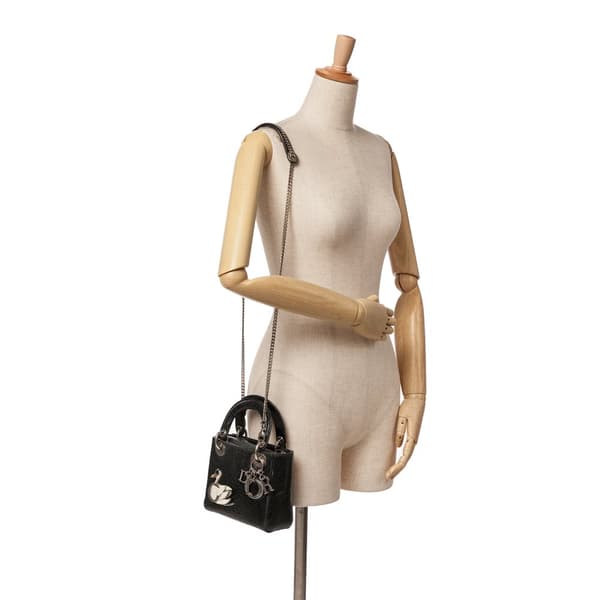 Pre-owned Dior Mini Ceramic Effect Deerskin Jeweled Swan Lady Dior Black