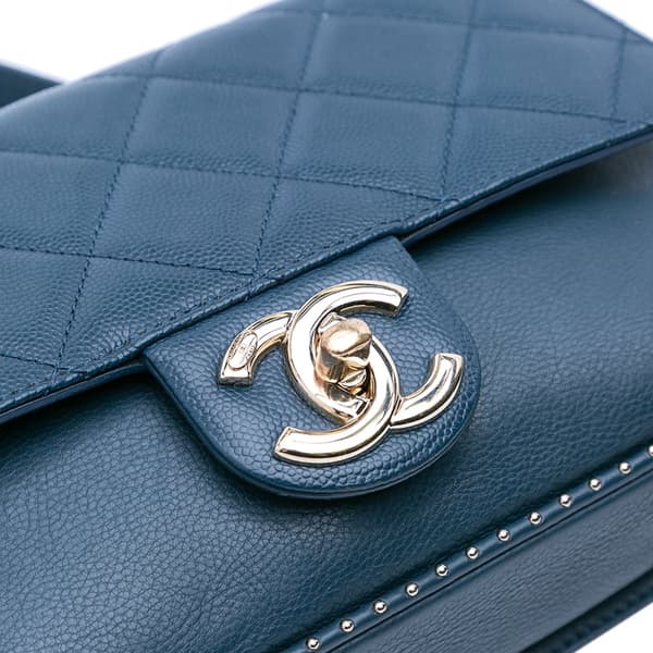 Pre-owned Chanel Small Quilted Caviar Studded Chain Handle Flap Blue