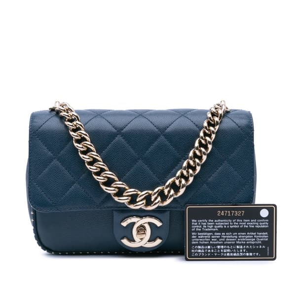 Pre-owned Chanel Small Quilted Caviar Studded Chain Handle Flap Blue
