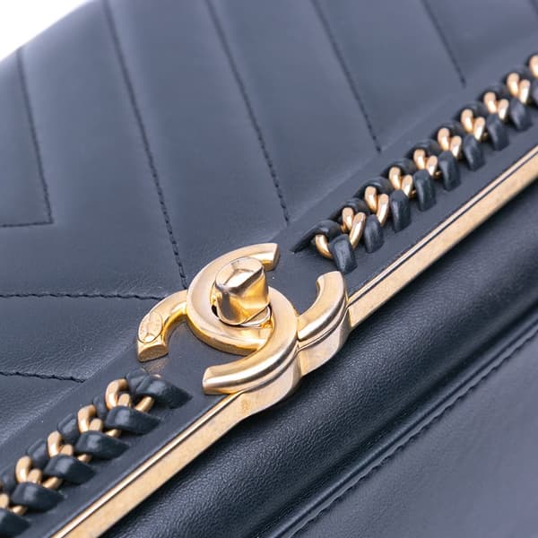 Pre-owned Chanel Chevron Sheepskin Stitched Chain Top Handle Flap Black