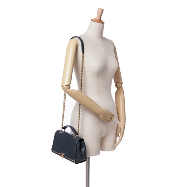 Pre-owned Chanel Chevron Sheepskin Stitched Chain Top Handle Flap Black