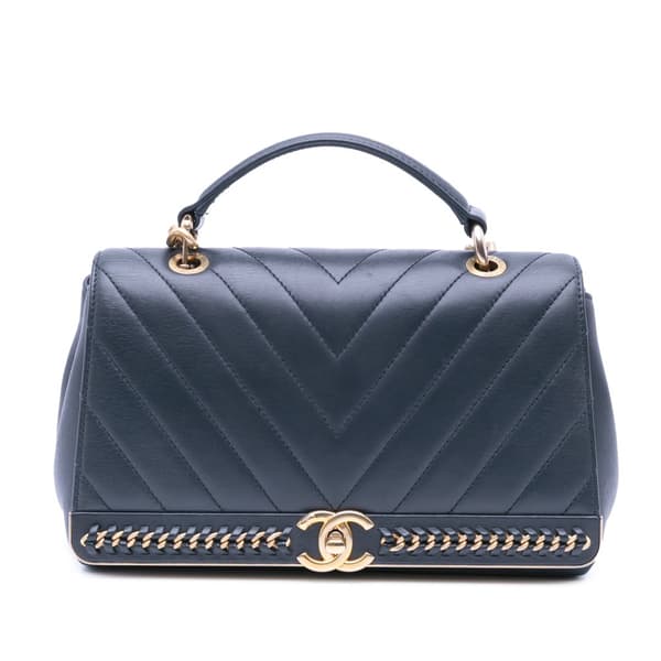 Pre-owned Chanel Chevron Sheepskin Stitched Chain Top Handle Flap Black