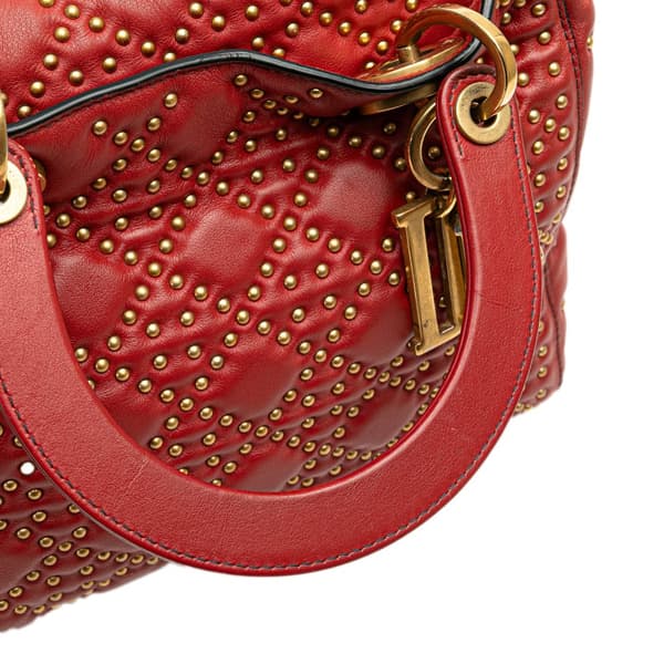 Pre-owned Dior Medium Lambskin Cannage Studded Supple Lady Dior Red