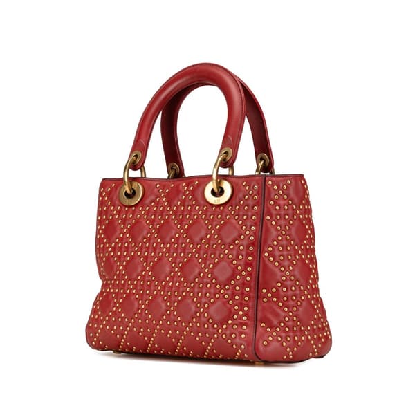 Pre-owned Dior Medium Lambskin Cannage Studded Supple Lady Dior Red