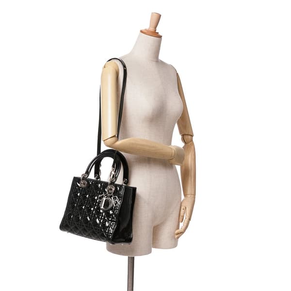 Pre-owned Dior Medium Patent Cannage Lady Dior Black