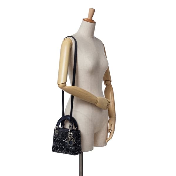 Pre-owned Dior Mini Satin Cannage Strass Crystal Embellished Lady Dior Black