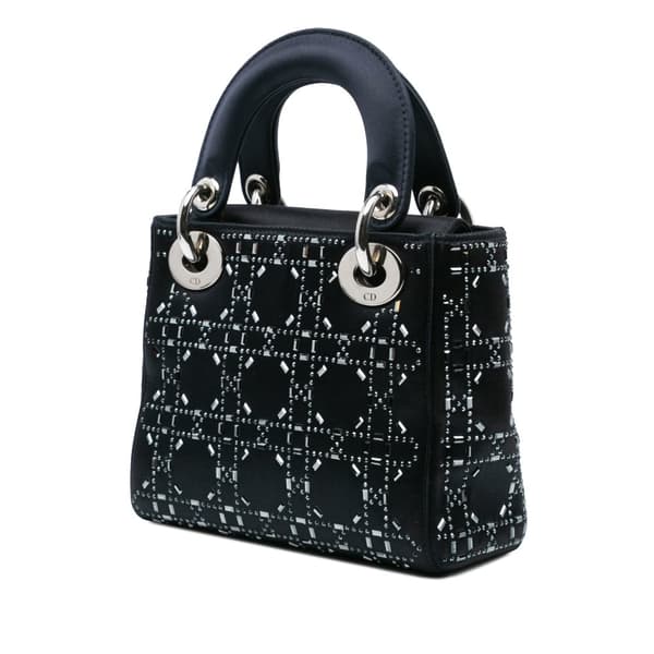 Pre-owned Dior Mini Satin Cannage Strass Crystal Embellished Lady Dior Black
