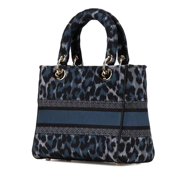 Pre-owned Dior Mizza Medium Embroidered Canvas Leopard Lady D Lite Blue