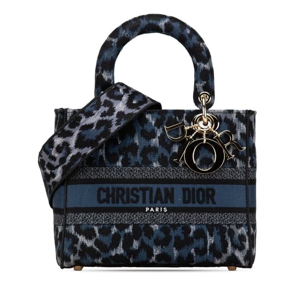 Pre-owned Dior Mizza Medium Embroidered Canvas Leopard Lady D Lite Blue