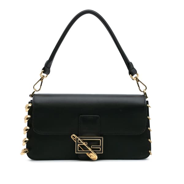 Pre-owned Versace Fendi Fendace Seta Vitello Calfskin Brooch Baguette Satchel Black