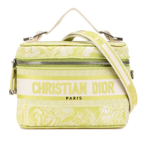 Pre-owned Dior Small Canvas Embroidered Toile De Jouy Diortravel Vanity Case Green