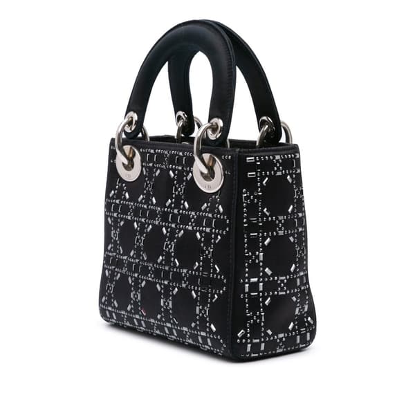 Pre-owned Dior Mini Satin Cannage Strass Crystal Embellished Lady Dior Black