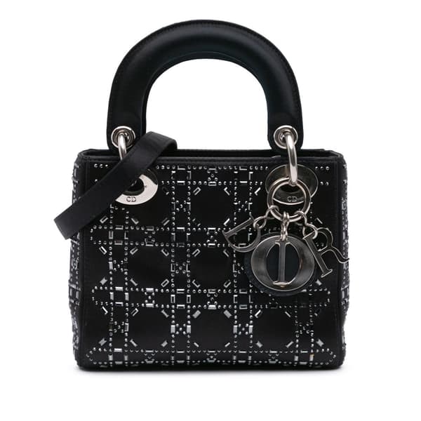 Pre-owned Dior Mini Satin Cannage Strass Crystal Embellished Lady Dior Black