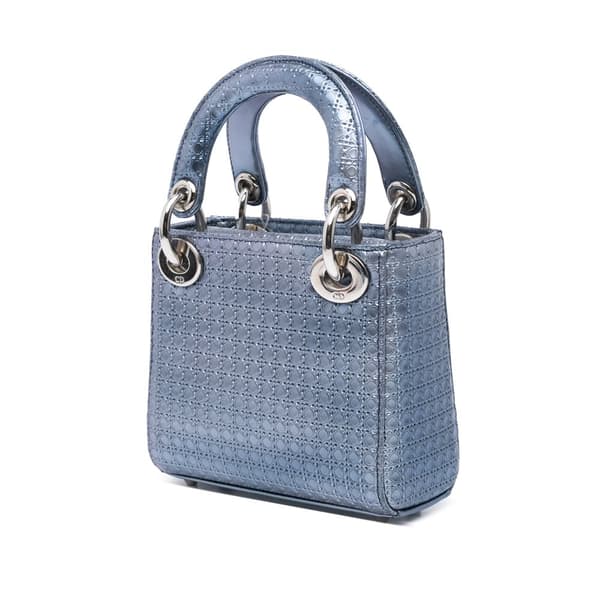Pre-owned Dior Mini Metallic Patent Microcannage Lady Dior Blue