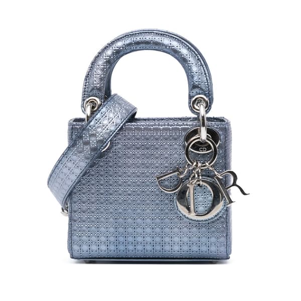 Pre-owned Dior Mini Metallic Patent Microcannage Lady Dior Blue